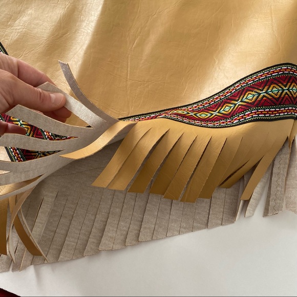 Vintage Native American Fringe Vegan Leather Sheath Dress Embroidery Tan Gold M - Picture 3 of 14